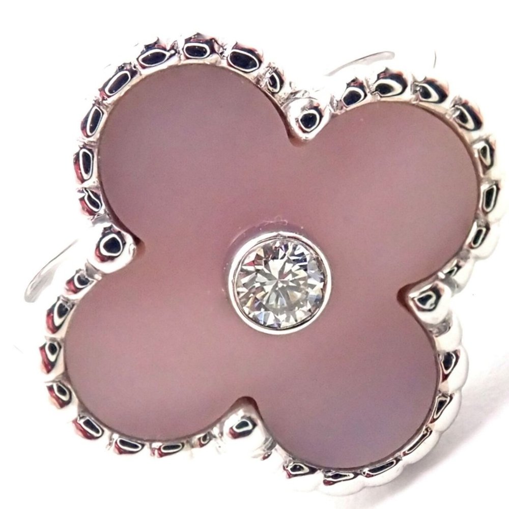 Authentic Van Cleef & Arpels Alhambra 18k White Gold Pink Opal Diamond Ring Cert